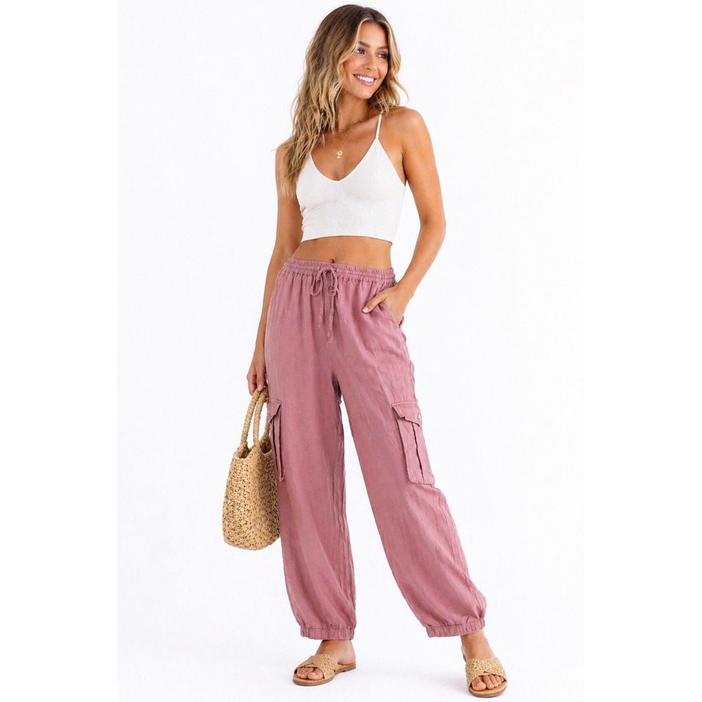 Love Tree Linen Blend Cargo Pants Women M Pink Boho Beach Coastal Wide Leg